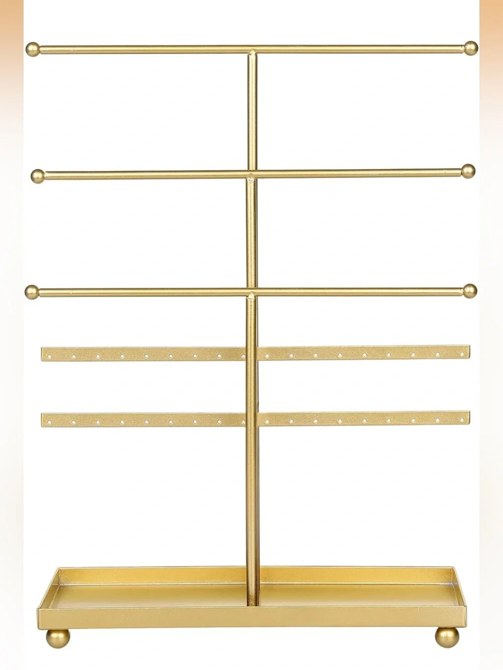 MyGift 5-Tier Gold Metal Jewelry Organizer Stand with Earring Hooks & Ring Tray